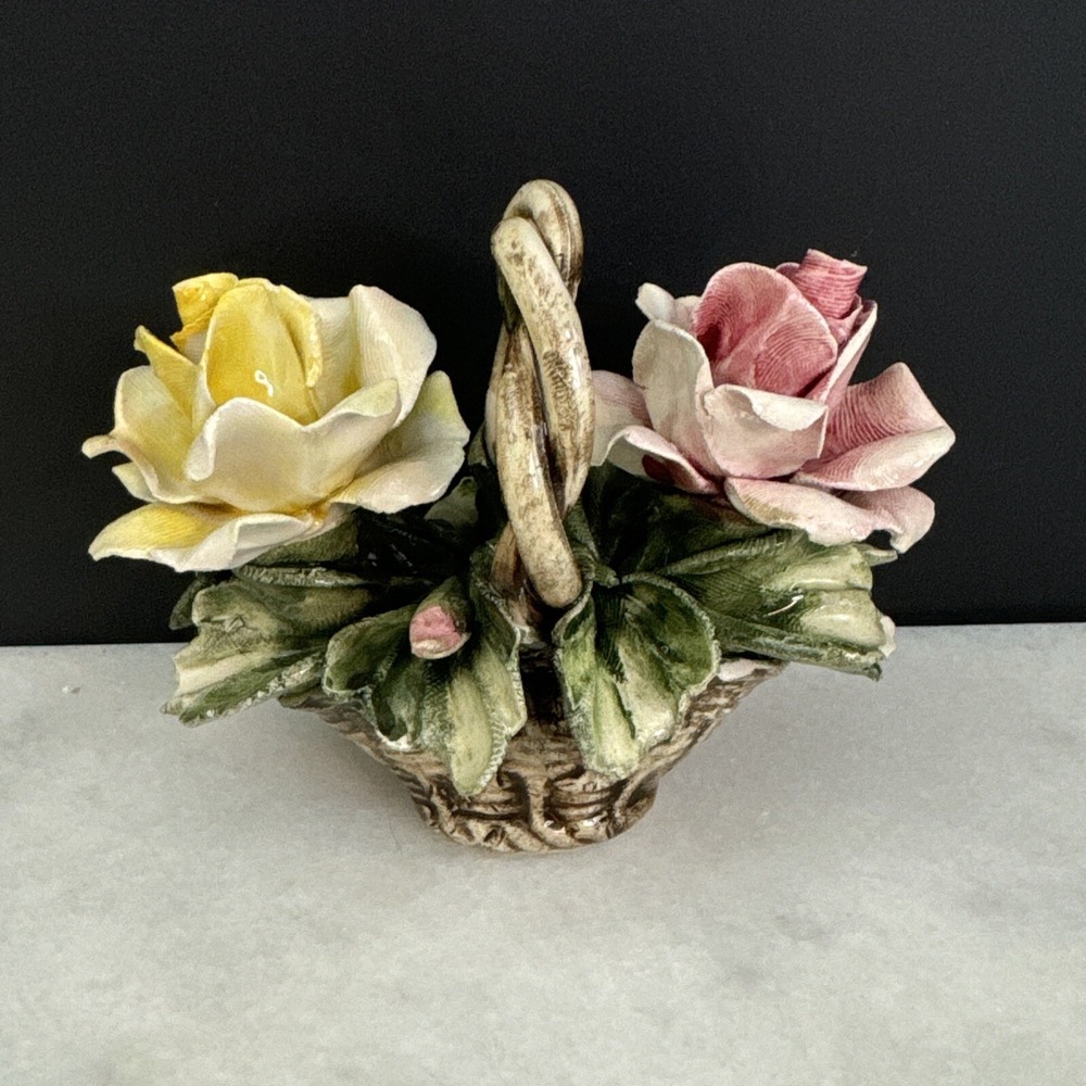 Vintage Italian Nuova Capodimonte Porcelain Flowers In A Basket Figurine